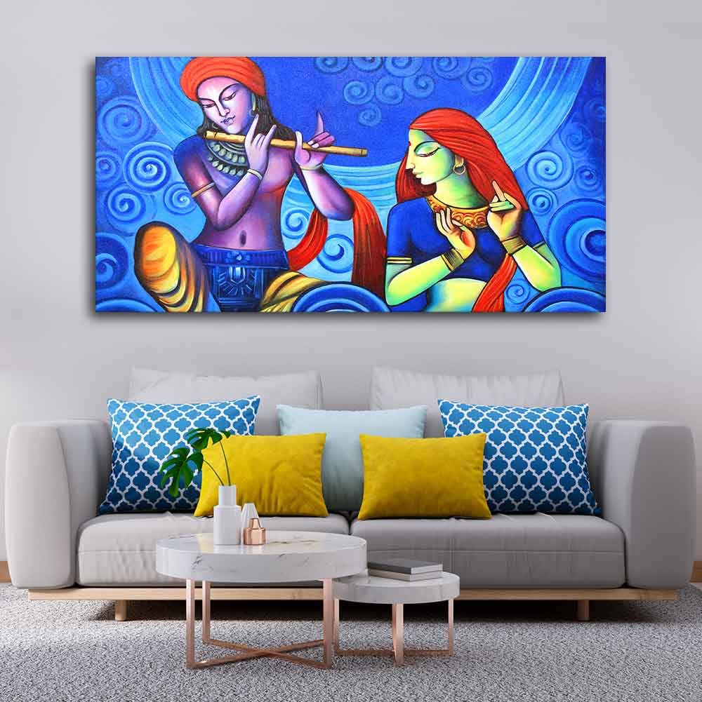 VIBECRAFTS Canvas Paintings for Living Room Drawing Room Radha Krishna Canvas Wall Painting Fitted With Wooden Frame For Home | Office | Living Room | Gift (PTVCH_2476)