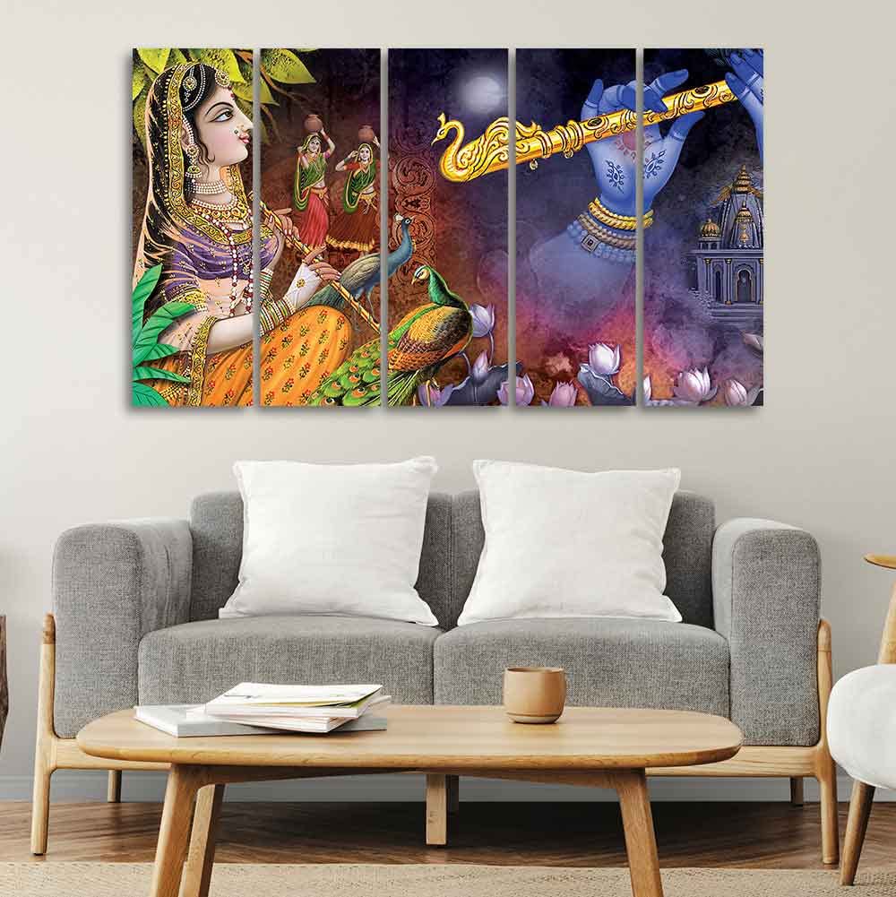 VIBECRAFTS Five Pieces Wall Painting of Radha Krishna Warli Art For Home|Office|Living Room|Gift (PTVC5Pcs4_8729)