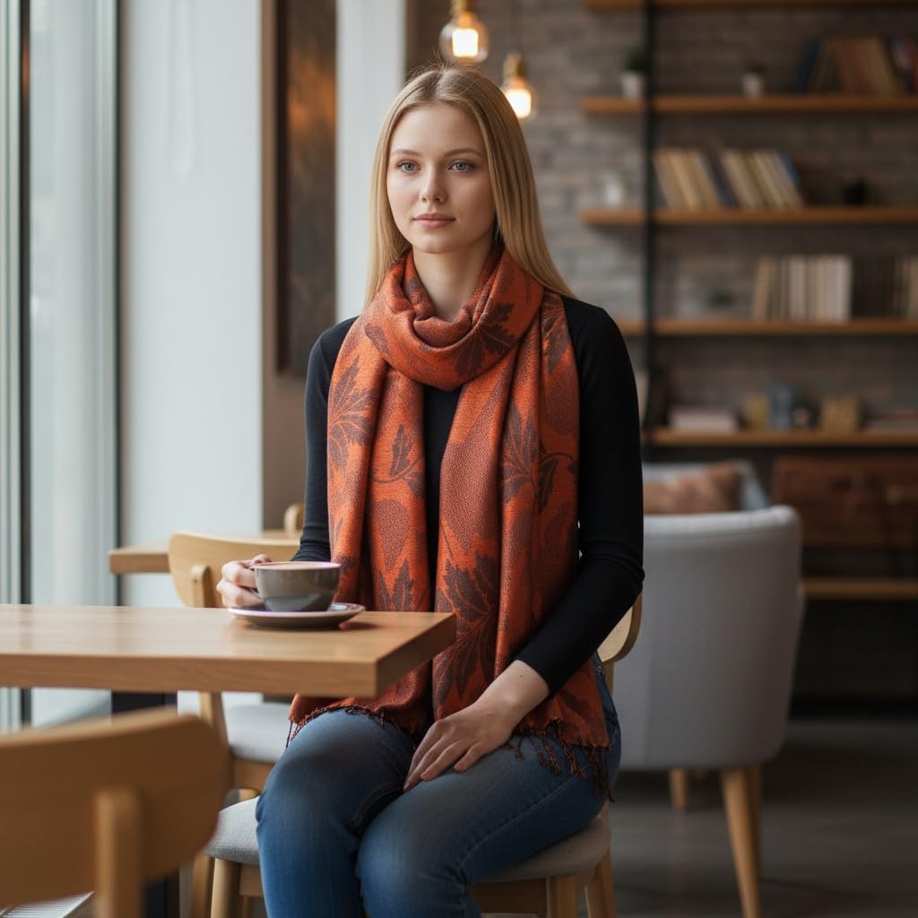 STOLE STUDIO Embellished Leaf Luxurious Viscose Stole Scarf (Black/Orange)