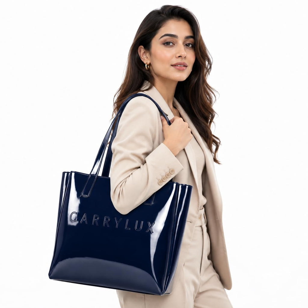 Carrylux Spacious Tote Bag For Womens Handbag Ladies Purses, With Zip Closure Shining Synthetic Leather (Blue)