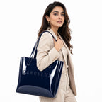Carrylux Spacious Tote Bag For Womens Handbag Ladies Purses, With Zip Closure Shining Synthetic Leather (Blue)