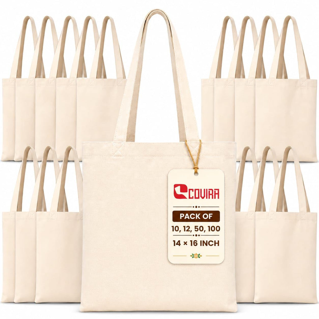 COVIRA 14x16 Inch Plain Cotton Tote Bag | 10 Pcs |100% Organic Reusable 200 GSM Cotton Handbag for Shopping, Daily Use, Grocery, Craft Diy Painting and Storage