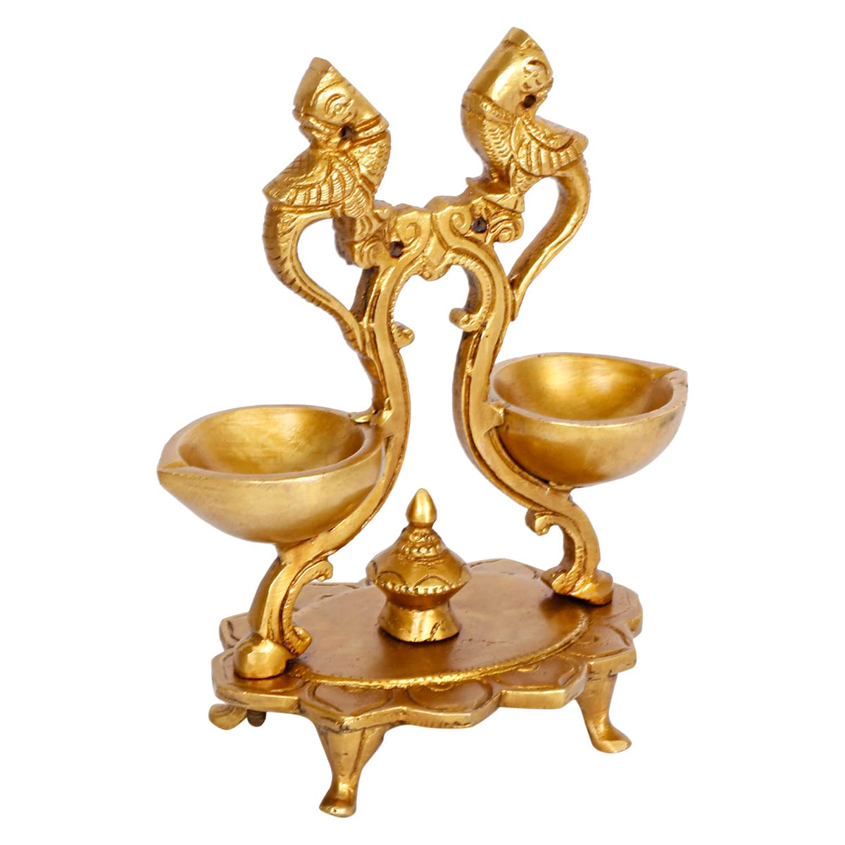 Artvarko Brass Peacock Bird Double Oil Lamp for Pooja Engraved Design Table Diya Beautifully Carved Deepak for Temple Decoration 6.5 Inch