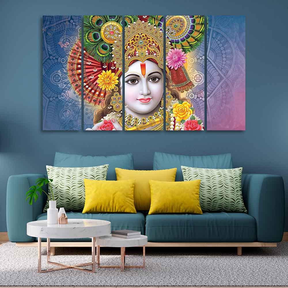VIBECRAFTS Kanha Ji Canvas Wall Painting of Five Pieces For Home|Office|Living Room|Gift (PTVC5Pcs4_8730)