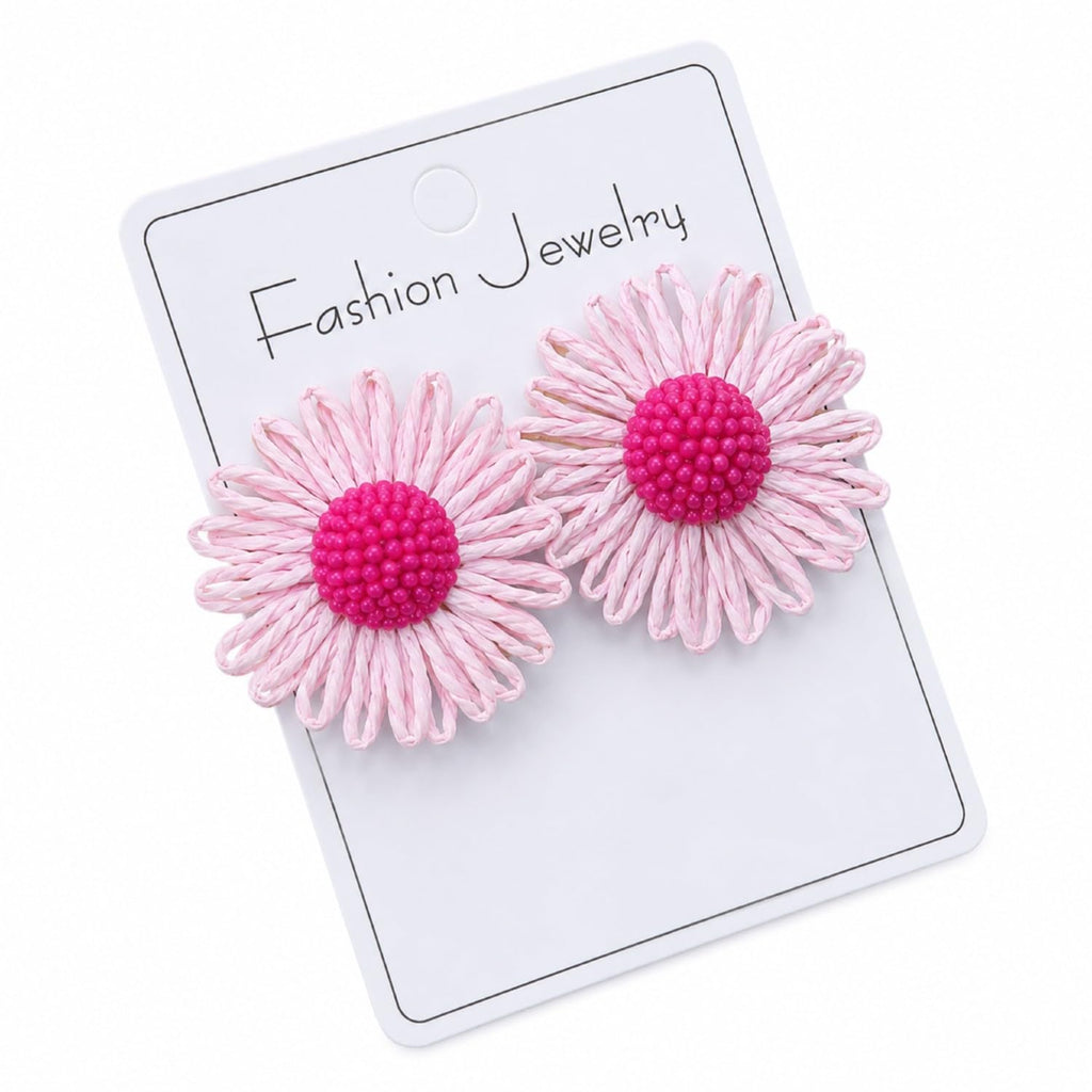 KOROIND Handmade Flower Earrings for Women & Girls | Bohemian Daisy Floral Stud Earrings | Lightweight Woven Raffia Statement Earrings | Beaded Center Summer Beach Vacation Party Fashion Jewelry