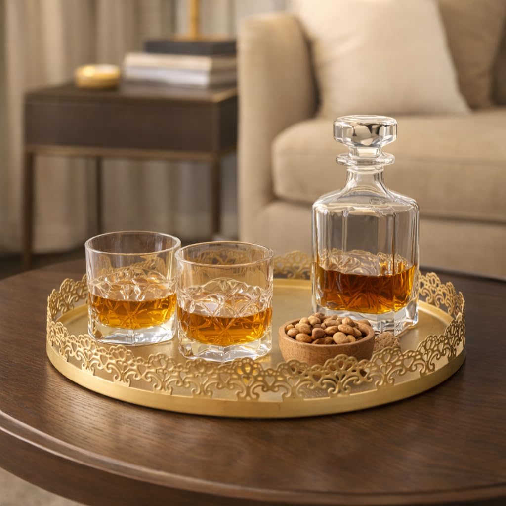 The Unique Designs Gold Finish Decorative Metal Tray | Multipurpose Serving & Vanity Tray | Premium Cutwork Design | Home Décor Organizer | 28 x 4 cm (Gold)