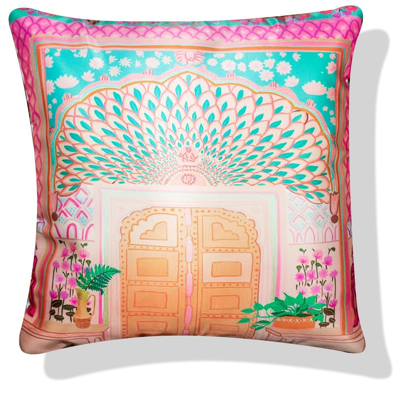 Vendola Decorative Satin Sofa Cushion Covers Set of 5, 24 Inch x 24 Inch, Sofa Pillow Cover, Ethnic Festive, Multicolor, Palace, Rajasthani Design Zipper Closure (Dwars, 24X24 Inches)