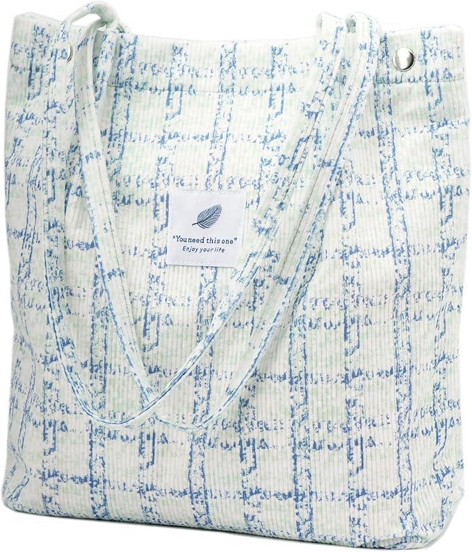 Lyrovo Women Corduroy Shoulder Tote Bag for Work Beach Travel and Shopping Grocery (Blue Checkered)