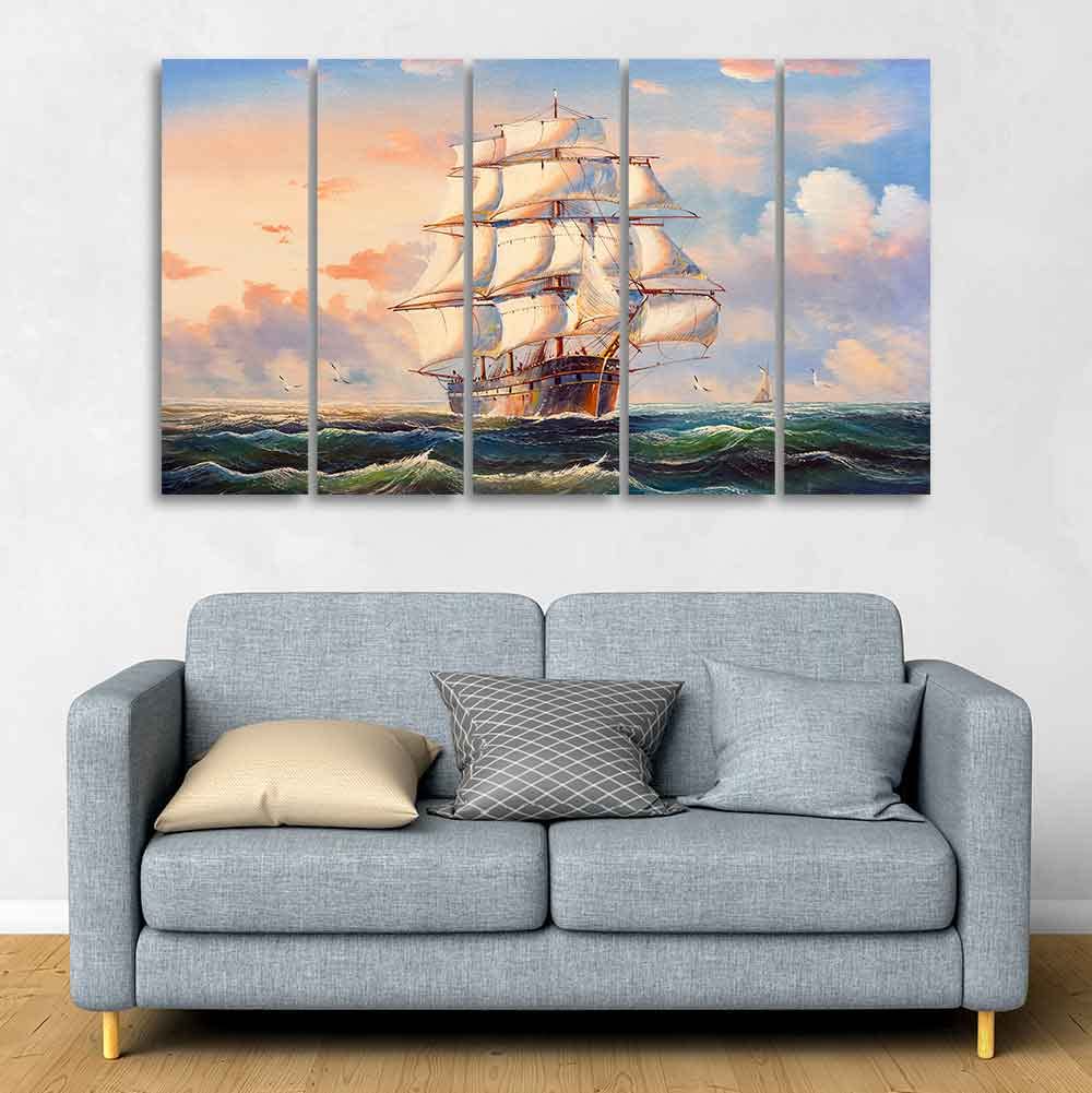 VIBECRAFTS Amazing Sailing Ship Wall Painting of Five Pieces For Home|Office|Living Room|Gift (PTVC5Pcs4_8630N)
