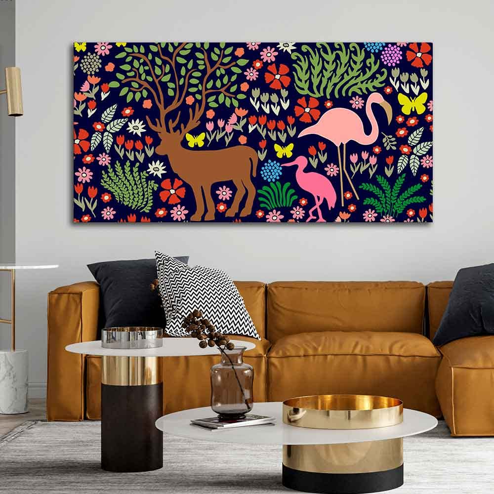 VIBECRAFTS Canvas Paintings for Living Room Drawing Room Canvas Folk Art Painting of Animals in Dark Forest for Home|Office|Gift(PTVCH_2400)(48 x 24 Inches)
