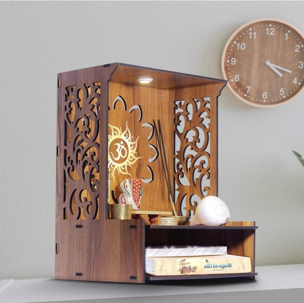 Aquatic Craft Home Wooden Temple with Light, Designer Spacious Pooja Mandir, Warm White LED Lighting, Pre-Assembled Pine Wall/Table Temple, Brown, Medium