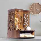 Aquatic Craft Home Wooden Temple with Light, Designer Spacious Pooja Mandir, Warm White LED Lighting, Pre-Assembled Pine Wall/Table Temple, Brown, Medium
