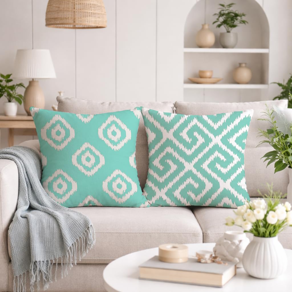 STITCHNEST Set of 2 Polycotton Cushion Covers – 24x24 Inches – Teal & White Ikat Geometric Print – Elegant Cushion Covers for Sofa & Living Room | Perfect for Home Decor