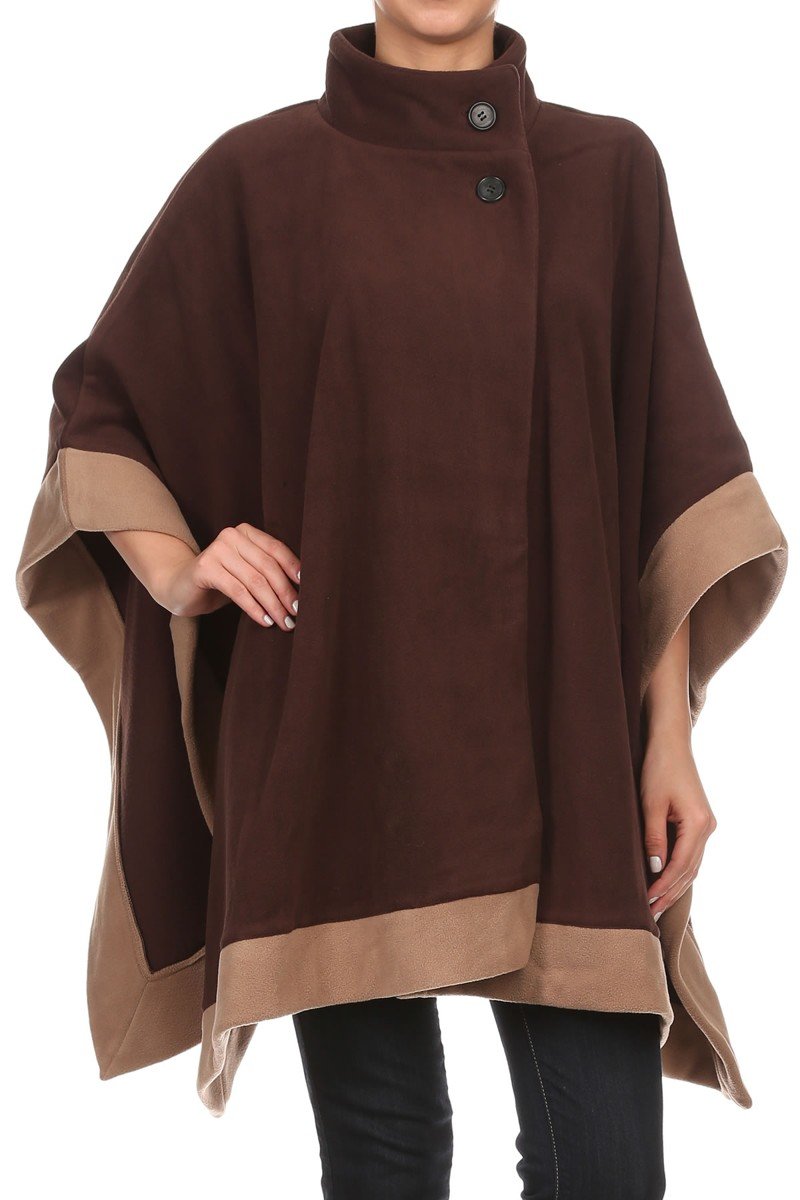 BSB LL Womens Poncho Outer Coat Fall Winter Soft Fleece Open Front Button, Brown / Camel Trim, Large to X-Large