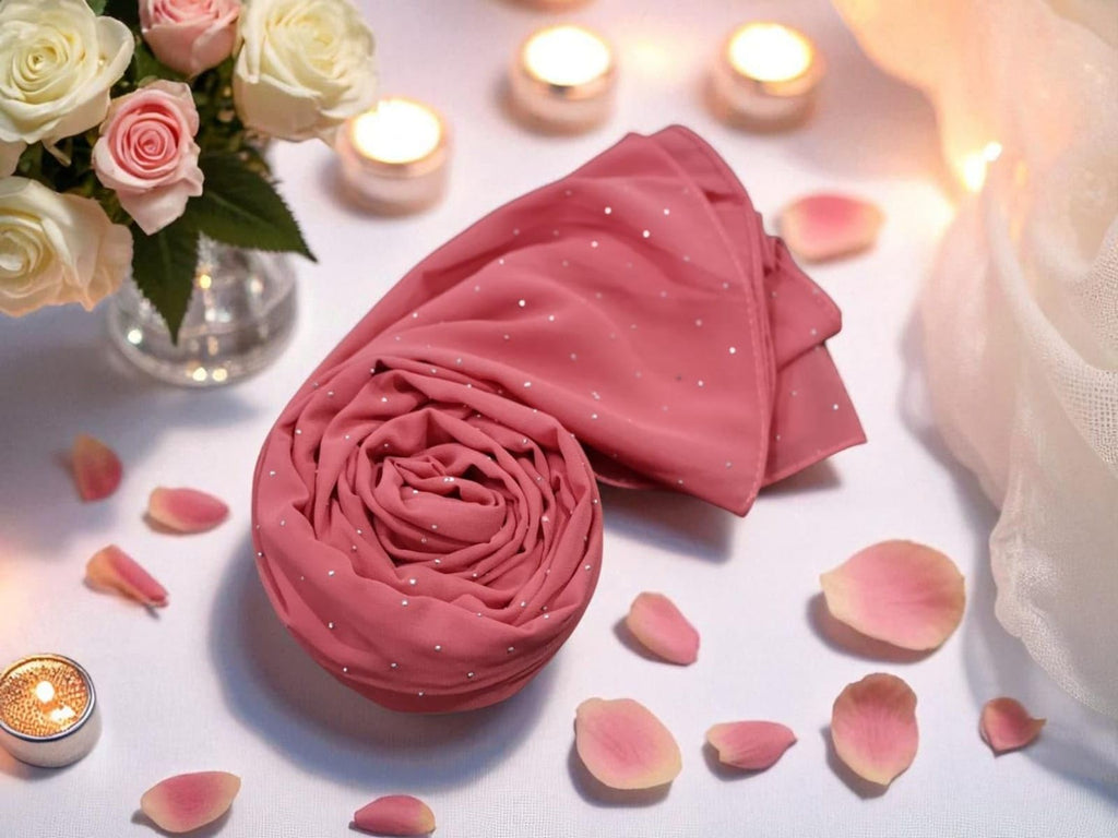 Premium Rhinestone Hijab | Korean Georgette | 70 x 30 Inch | Sparkle Scarf for Women | Soft & Lightweight Fabric (DARK PINK)