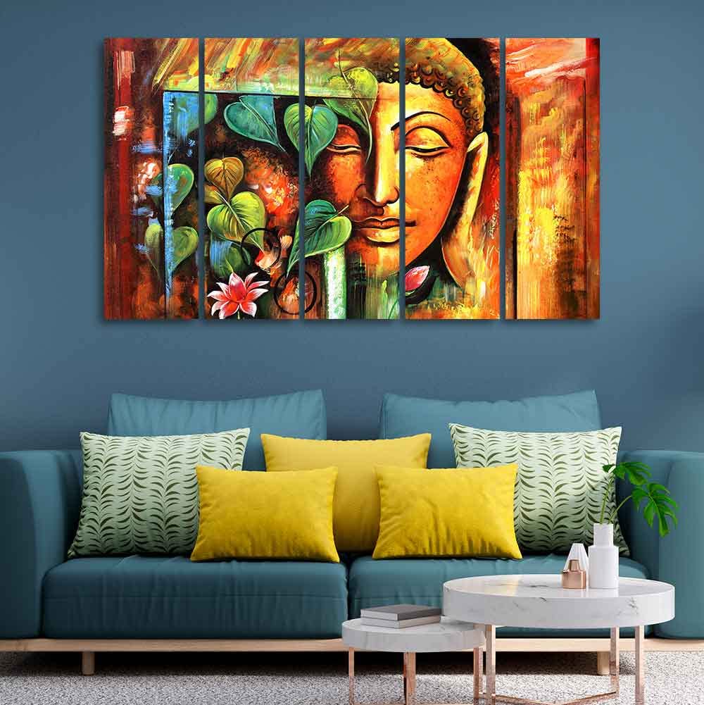 VIBECRAFTS Divine Gautama Buddha Face Premium Frame Wall Painting Set of Five For Home|Office|Living Room|Gift (PTVC5Pcs4_8696)