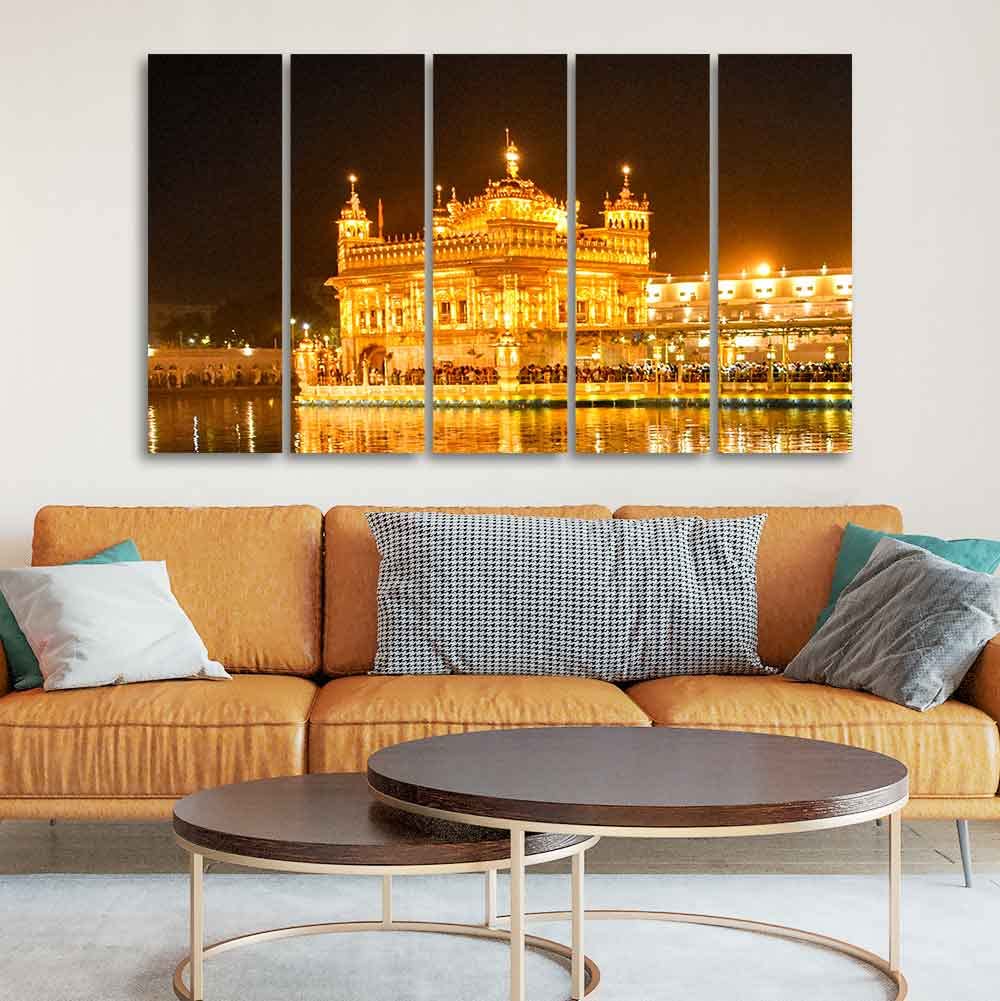 VIBECRAFTS Beautiful Golden Temple Canvas Wall Painting of Five Pieces For Home|Office|Living Room|Gift (PTVC5Pcs4_8659)