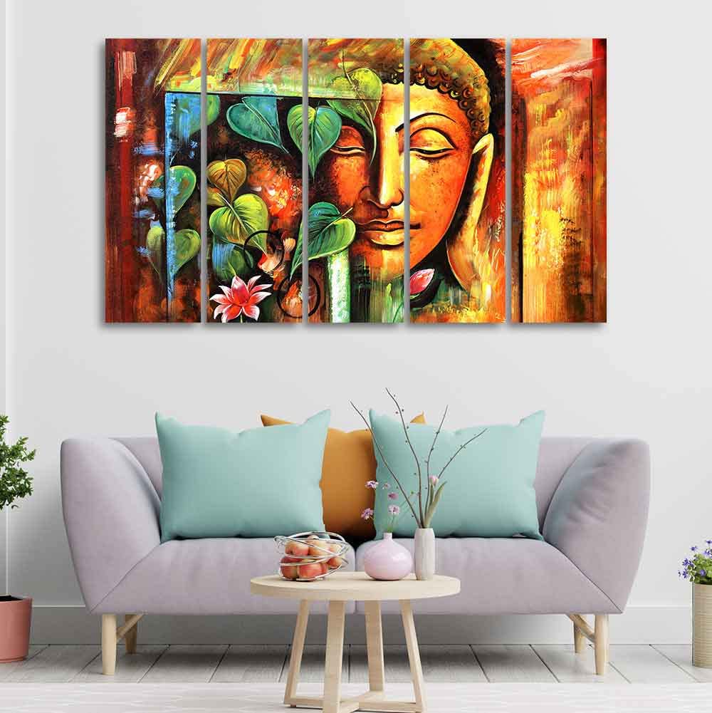 VIBECRAFTS Divine Gautama Buddha Face Premium Frame Wall Painting Set of Five For Home|Office|Living Room|Gift (PTVC5Pcs4_8696)