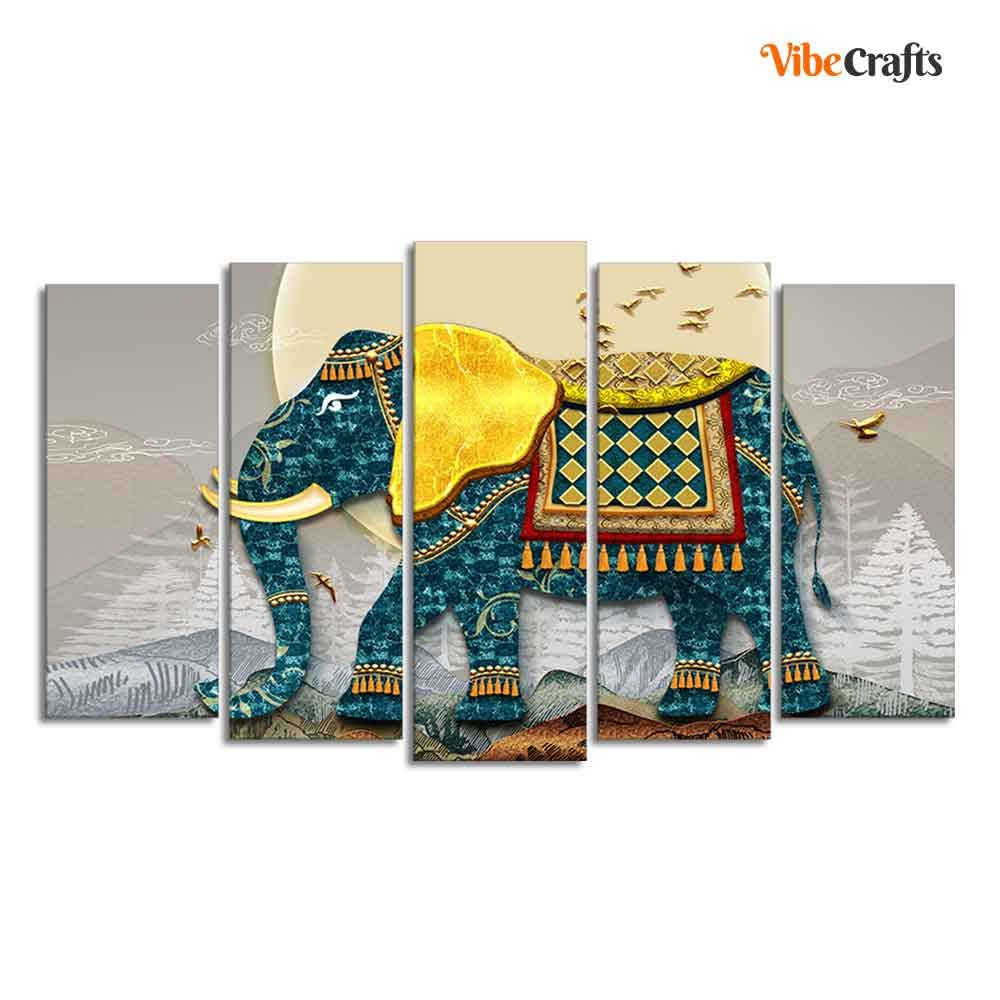 VIBECRAFTS Royal Elephant With Golden Tusks Canvas Wall Painting of Five Pieces For Home|Office|Living Room|Gift (PTVC5Pcs2_6629)