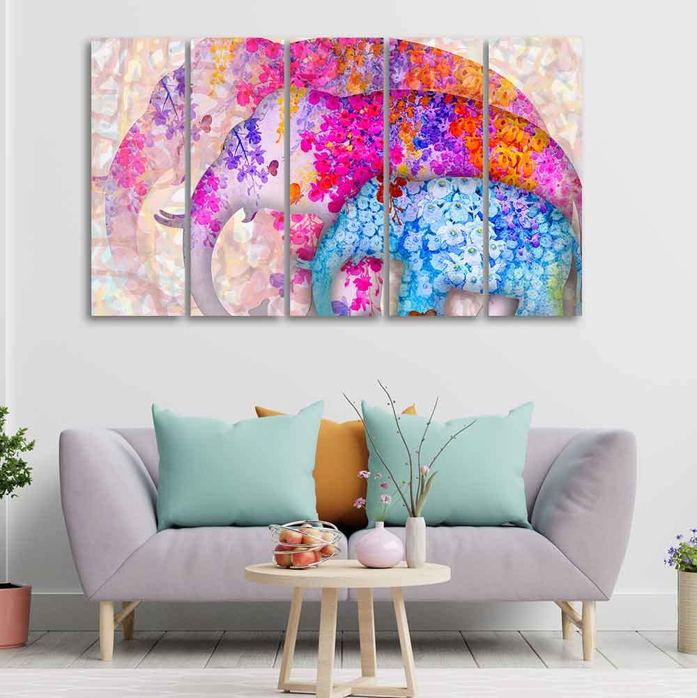 VIBECRAFTS Beautiful Three Art Elephant 5 Pieces Canvas Wall Painting For Home | Office | Living Room | Gift (PTVC5Pcs4_8523)