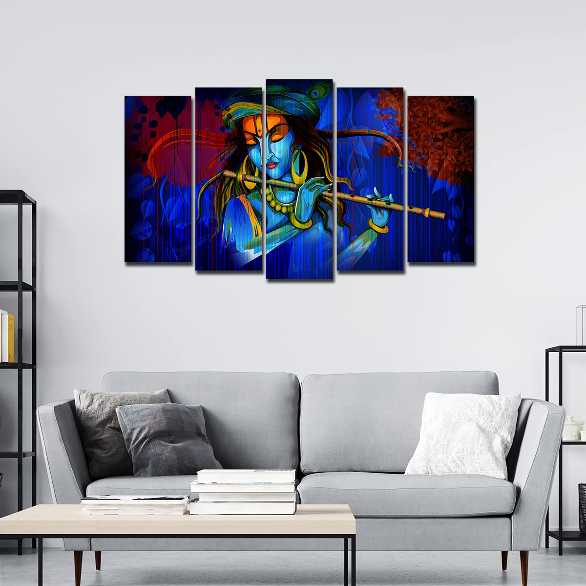 VIBECRAFTS 5 Pieces Shree Krishna Playing Flute Canvas Wall Painting For Home|Office|Living Room|Gift (PTVC5Pcs2_6508)