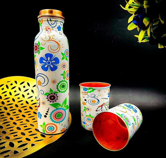 Piepot Copper Water Bottle 1 Ltr | Copper Water Bottle with Glass Set | Meena Work | 100% Pure | Leak-Proof | 2 Water Glass 300ml each | Best for Gifting ((Meena - Butterfly))