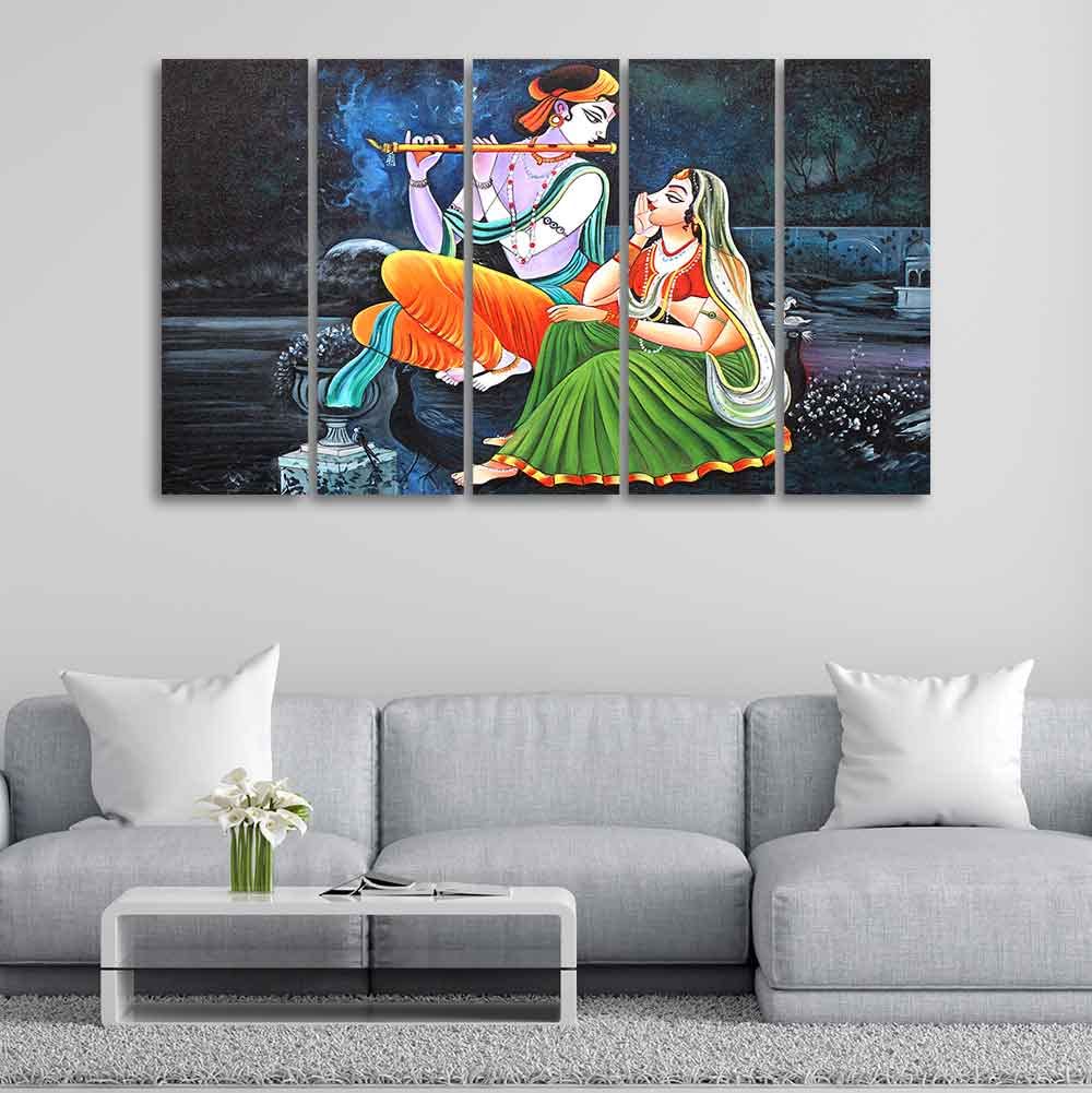 VIBECRAFTS Radha Krishna in Dark Forest Five Pieces Canvas Wall Painting For Home|Office|Living Room|Gift (PTVC5Pcs4_8627)