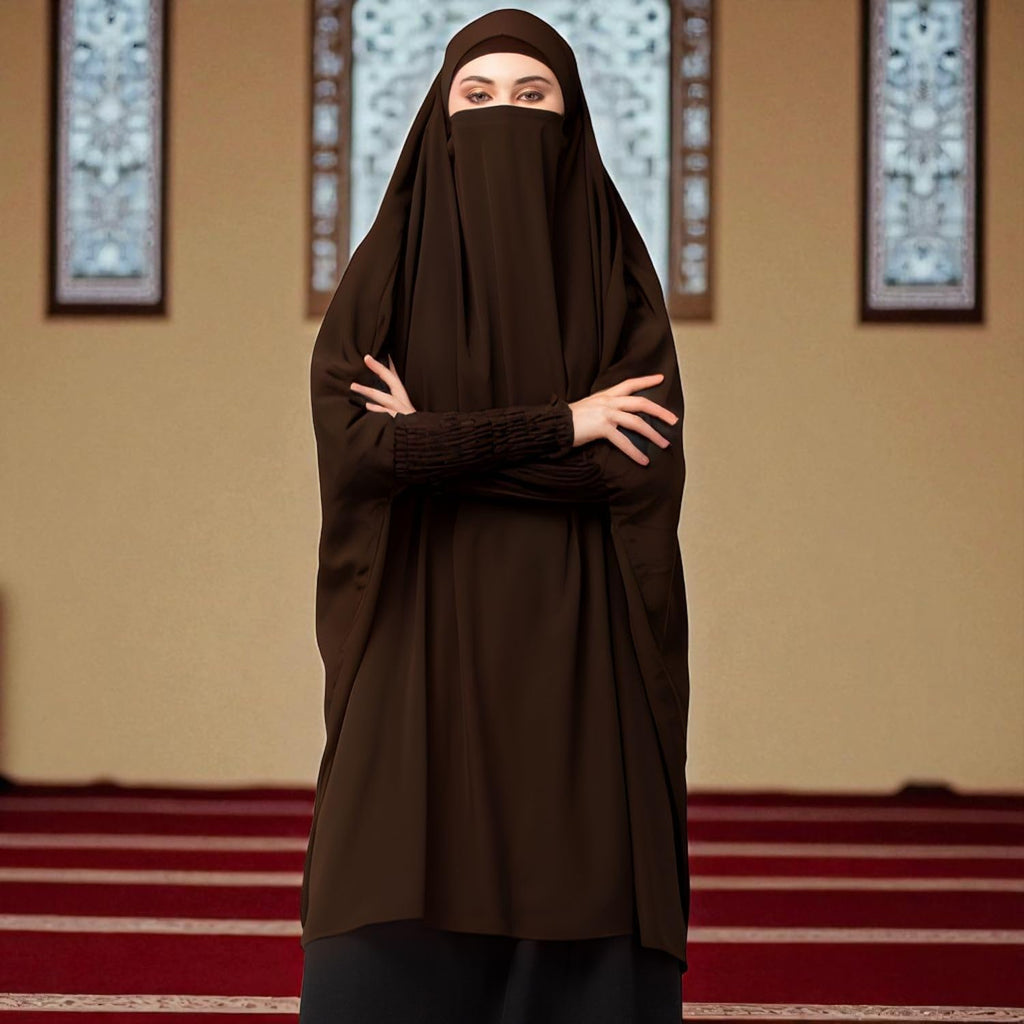 Bashariya Women’s Long Prayer Khimar Hijab with Mouth Piece – Full Coverage Islamic Modest Wear (Brown