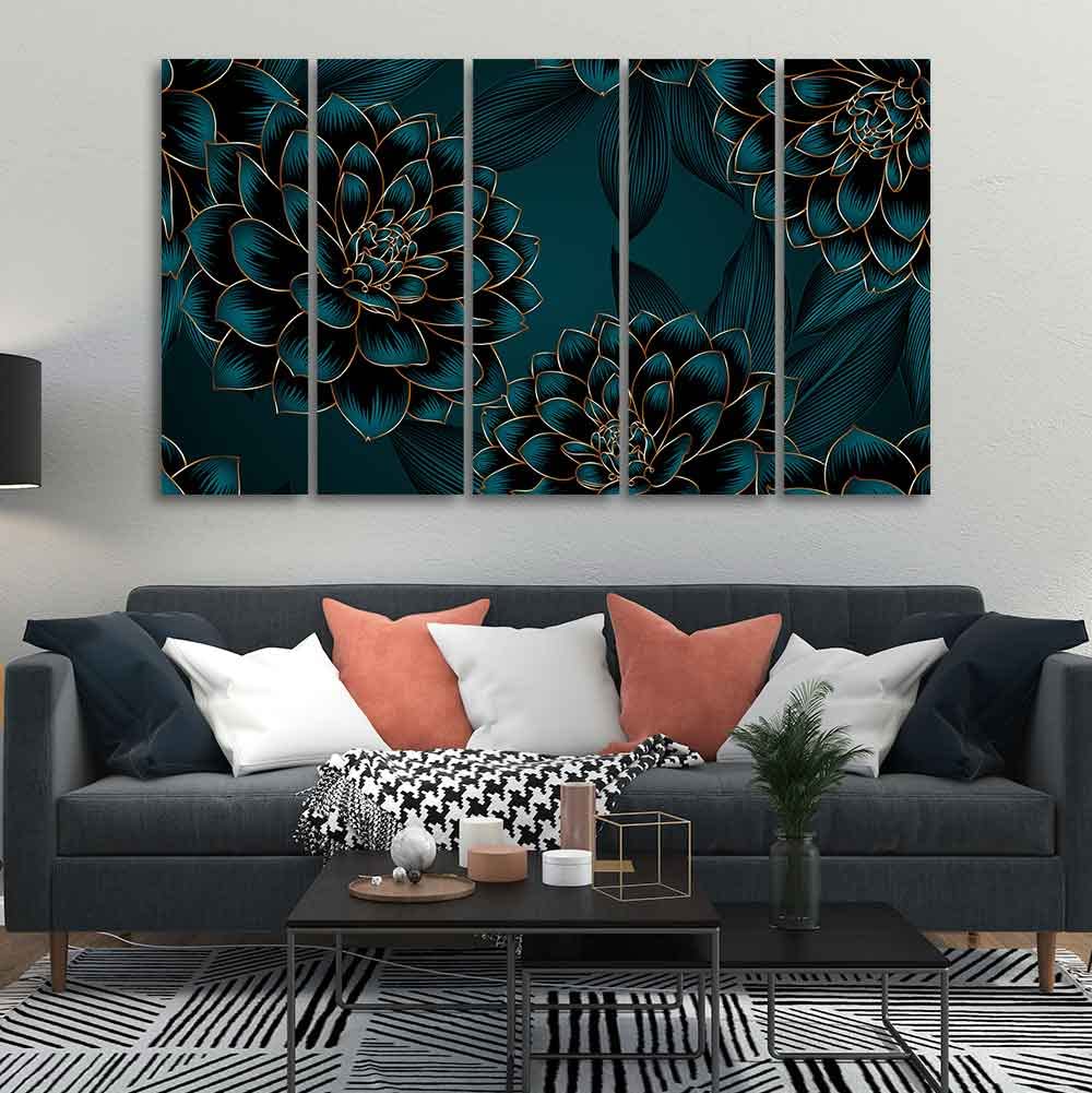 VIBECRAFTS Golden Flowers Dahlia and Leaves Wall Painting of Five Pieces For Home|Office|Living Room|Gift (PTVC5Pcs4_8718)