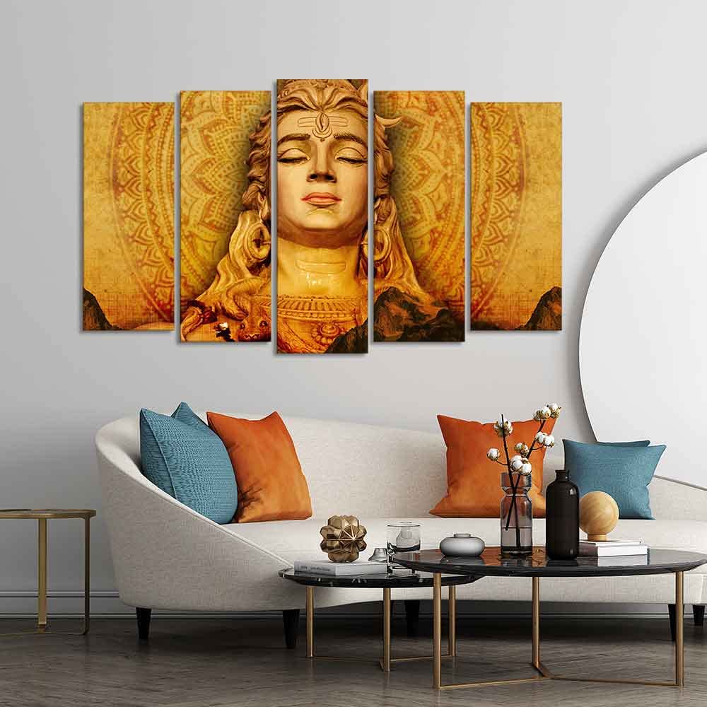 VIBECRAFTS Spiritual Shiva Canvas Wall Painting of Five Pieces Set For Home|Office|Living Room|Gift (PTVC5Pcs2_6611)