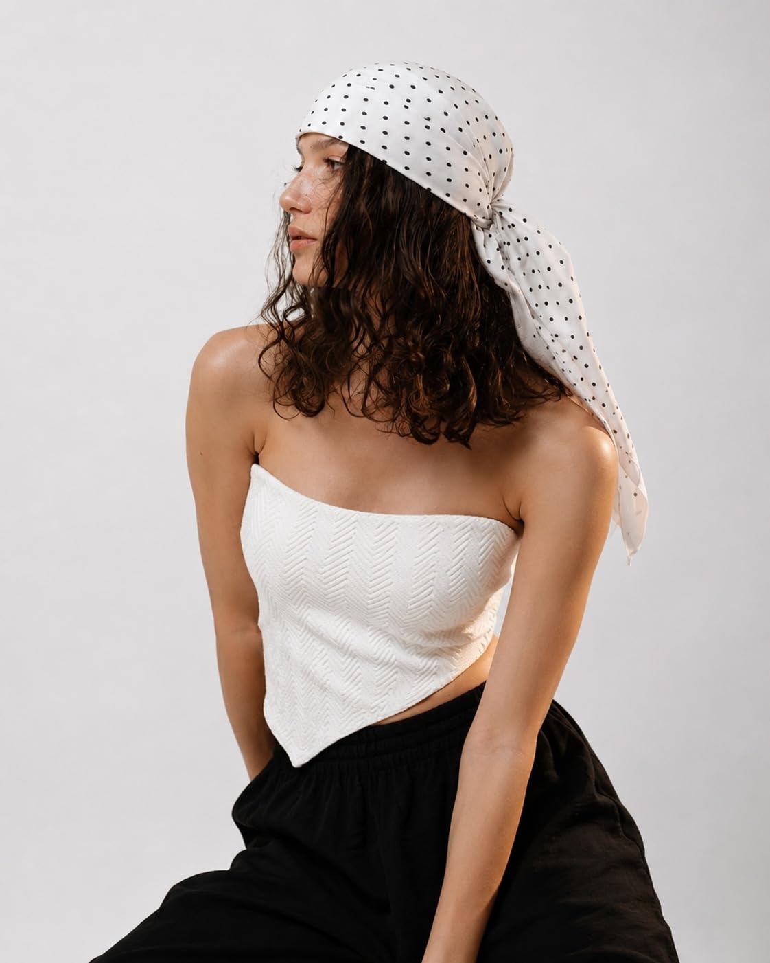 Grey Exim White Black Polka Dot Square Head Scarf for Women | 90 x 90 cm Polyester Fashion Hair Scarf | Neck Scarf | Cotton Look Square Bandana