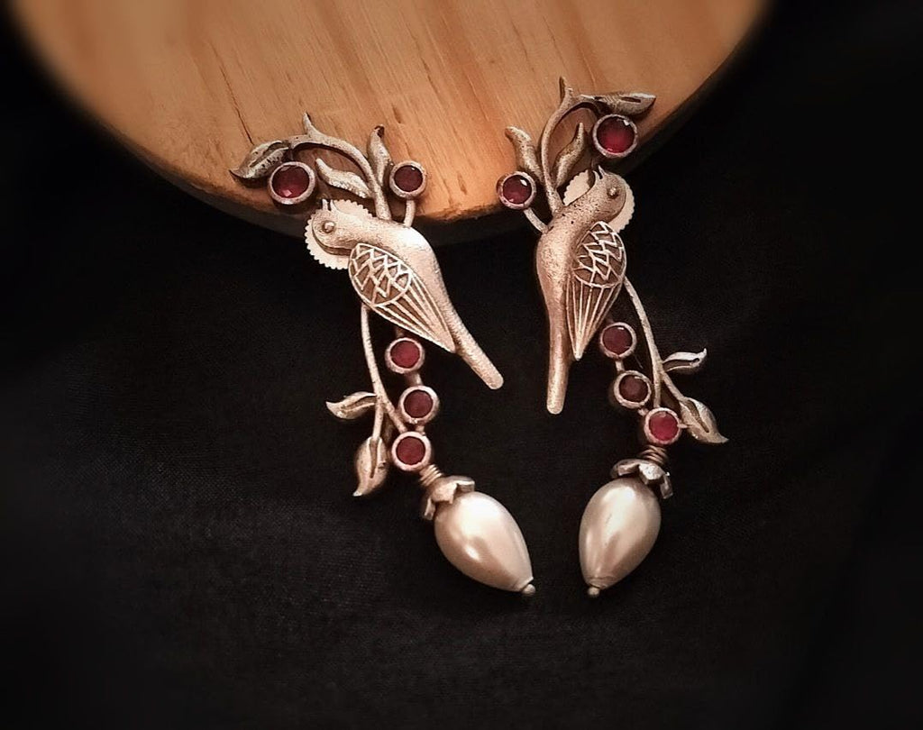 El Regalo Oxidized Bird Earrings with Pearl- Handmade Silver Replica Brass Earrings in Antique Silver Finish for Girls & Women