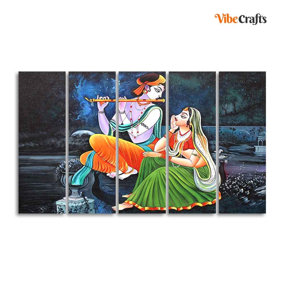 VIBECRAFTS Radha Krishna in Dark Forest Five Pieces Canvas Wall Painting For Home|Office|Living Room|Gift (PTVC5Pcs4_8627)