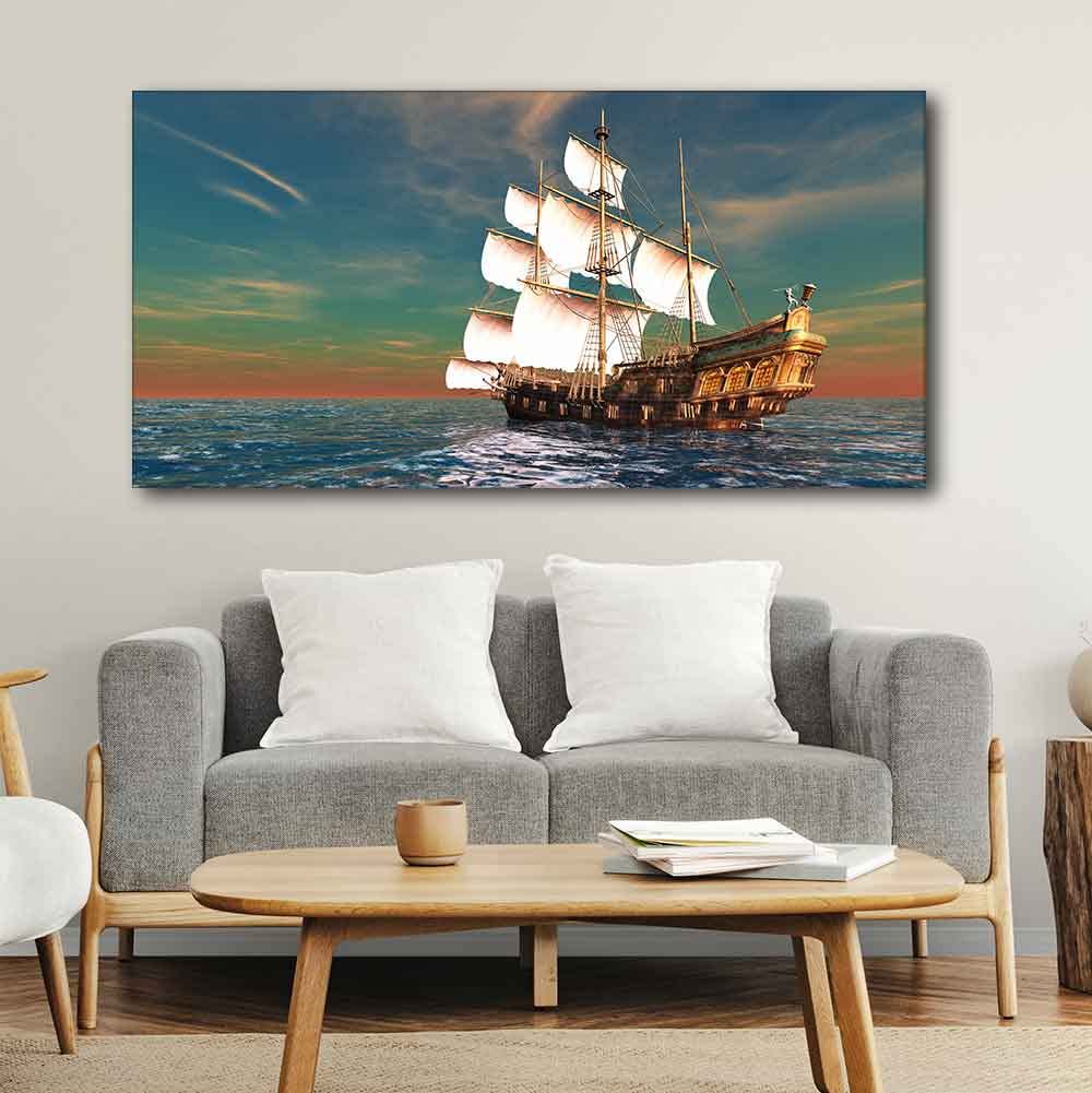 VIBECRAFTS Sailing Ship On the Ocean Canvas Wall Painting With Frame for Living Room Drawing Room Bedroom Home|Office|Gift (PTVCH_2203NN)