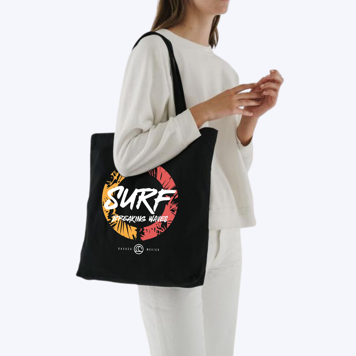 Peach Blossom Tote Bags with Zip,100% Cotton Shopping/Grocery Bag, Multi-Purpose Bag 5kgs Capacity, 2 Pack (Cbag_ZIP_WhiteBlombaby_Blacksurf)