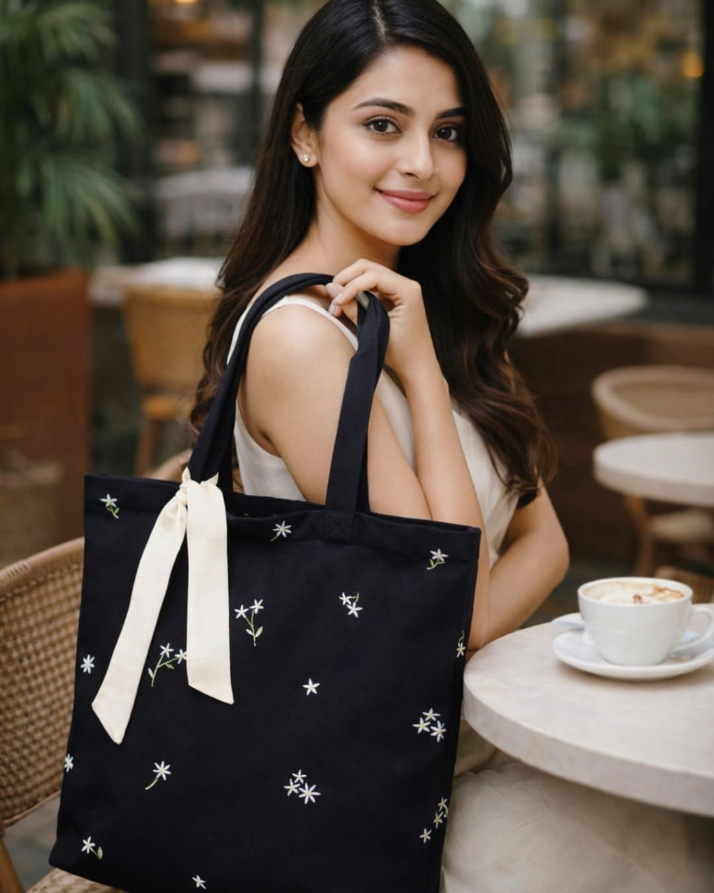 MASQ Premium ToteBag for Women with Zipper | Embroidered Foldable Shoulder Bag with Multiple Pockets | Spacious Handbag for College & Office | Eco-Friendly & Reusable