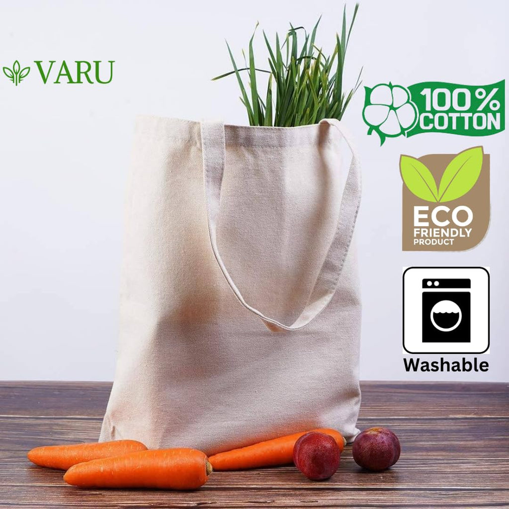 VARU 100% Cotton Tote Bags, Reusable Tote Bags For Women, Canvas Tote Bag for Women, Plain Tote Bag for painting, Reusable Multi-Purpose Cotton Bags for School/Gym/Shopping (pack of 6)