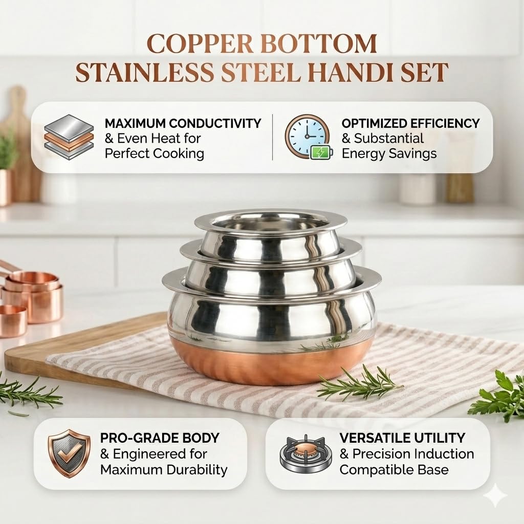 GlamourShop Stainless Steel Copper Base Serving Bowls Handi Set of 3 Pieces, Handi Set with Serving Bowl Set/Cookware Set/Sauce Pot and Handis (3, Chopper)