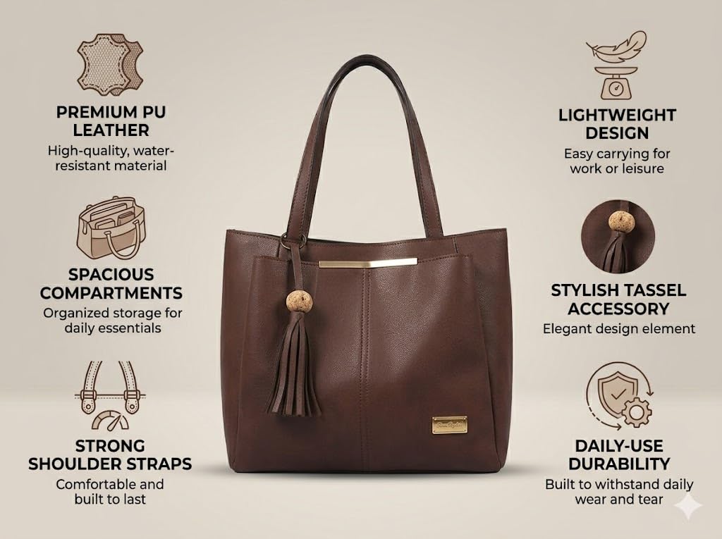 PAVILONN Women Tote Bag Ladies Handbag Shoulder Office Shopping Work Laptop PU Leather Brown Travel College Daily Use Designer Large Stylish Fashion Zipper Commuter Gift (BROWN)