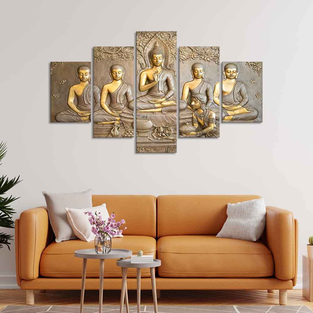 VIBECRAFTS 5 Pieces Buddha In Thailand Temple Premium Wall Painting For Home|Office|Living Room|Gift (PTVC5Pcs1_5510)