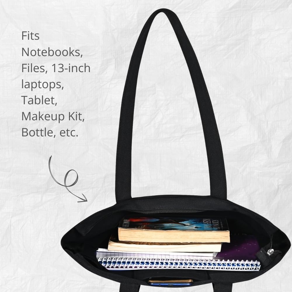 DANIOO DON'T WORRY WE CARRY Canvas Reusable Cloth Tote Bag With Zipper and Inner Pocket For Women and Girls Multipurpose College Washable Daily Use Shopping Pack Of 1 (Black) (Black & Neon)