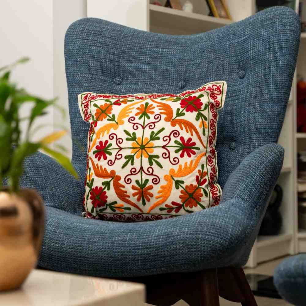 ATRANGI STUDIO Embroidered Cushion Covers - Set of 2 | Traditional Rustic Bloom Aari Embroidery | Threadwork Throw Pillow Covers with Zip Closure | Perfect for Sofa, Chair | 16x16 Inch, Multicolor