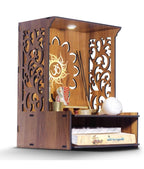 Aquatic Craft Home Wooden Temple with Light, Designer Spacious Pooja Mandir, Warm White LED Lighting, Pre-Assembled Pine Wall/Table Temple, Brown, Medium