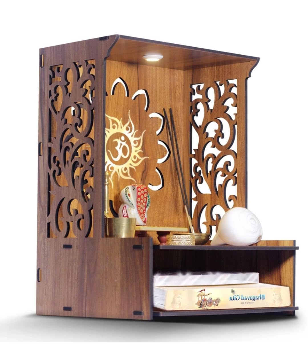 Aquatic Craft Home Wooden Temple with Light, Designer Spacious Pooja Mandir, Warm White LED Lighting, Pre-Assembled Pine Wall/Table Temple, Brown, Medium