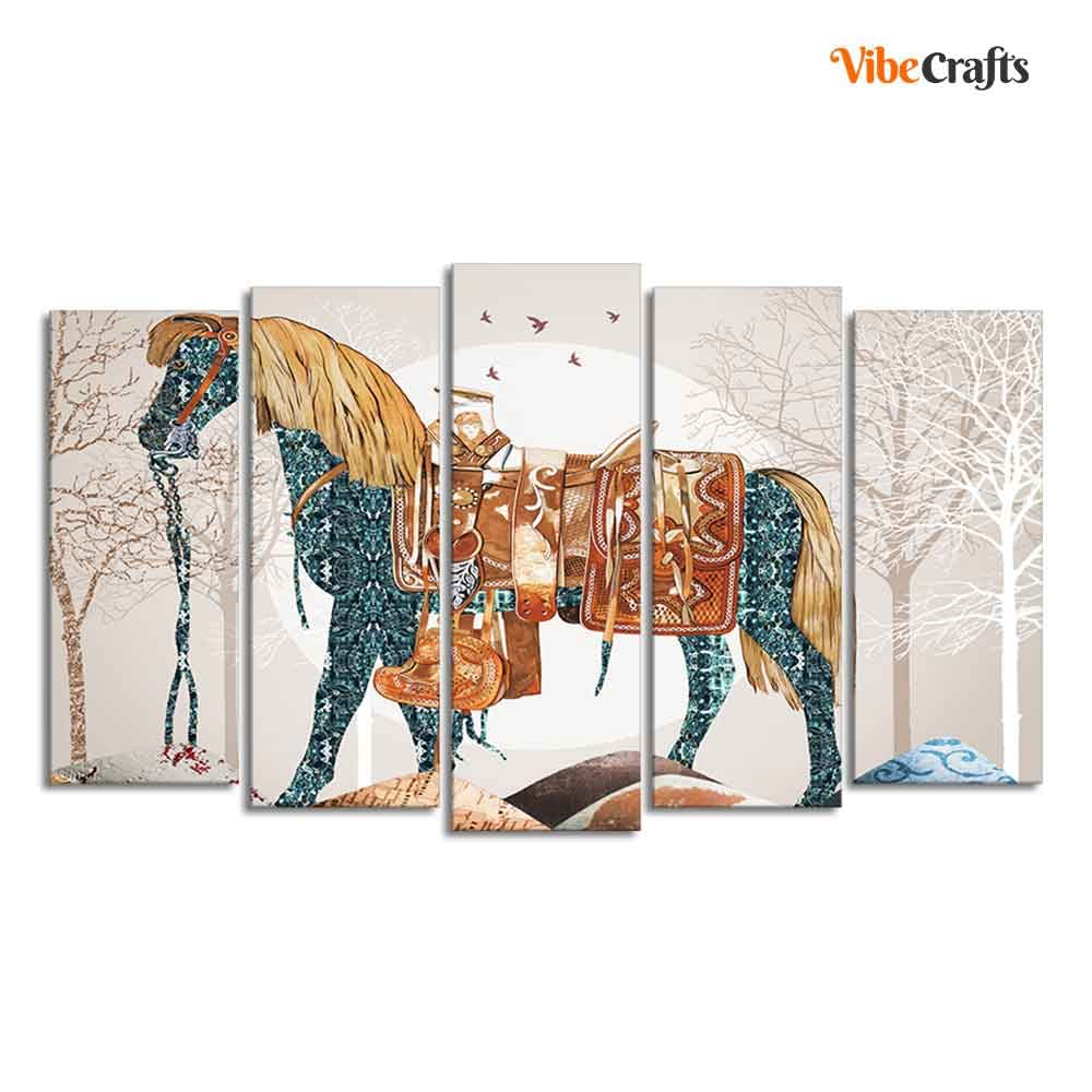 VIBECRAFTS Premium Wall Painting of Patterned Horse of Five Pieces For Home|Office|Living Room|Gift (PTVC5Pcs2_6632)