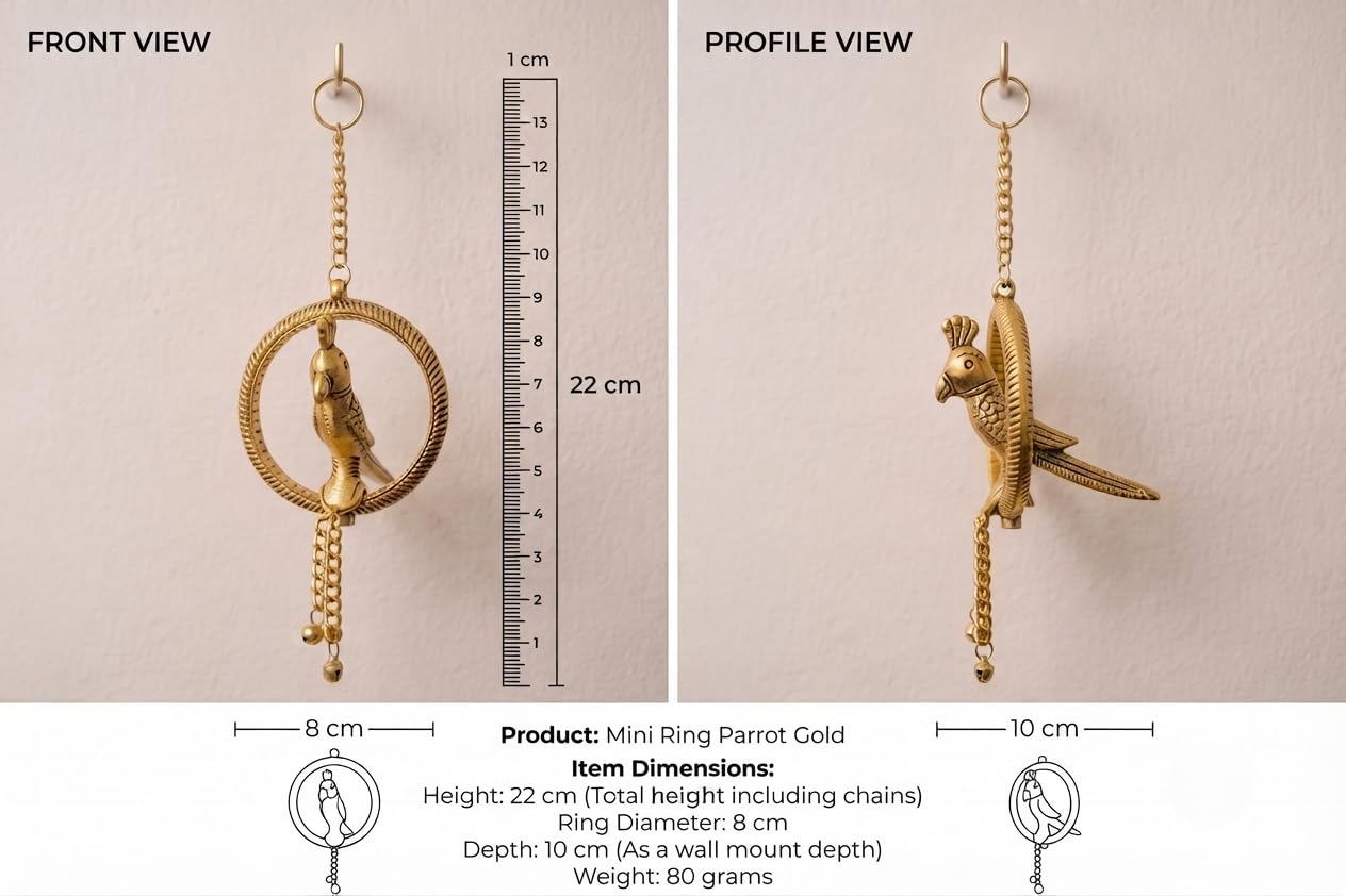 KridayKraft Decorative Metal Parrot Wall Hanging – Golden Ring Design with Bells, Traditional Home Decor Item for Living Room, Entrance & Gift.