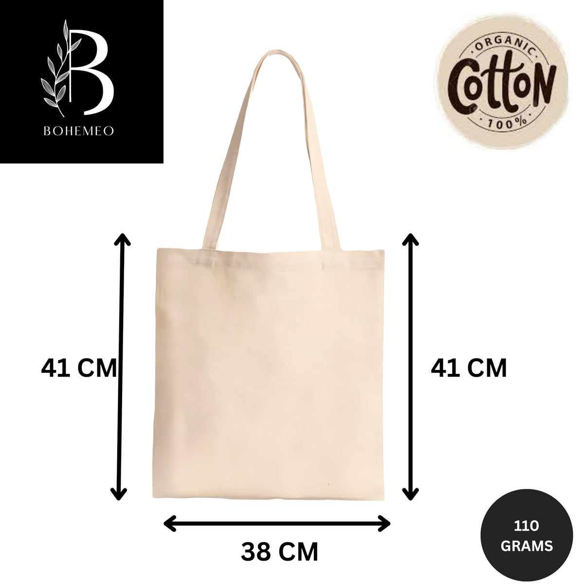 BOHEMEO Large Cotton Canvas Tote Bag for Women, Shopping Bag For Grocery,Vegetable Bags For Market, Office Bag For Women, Bag For Women College, Suitable for DIY Project, Cream, Pack of 12.