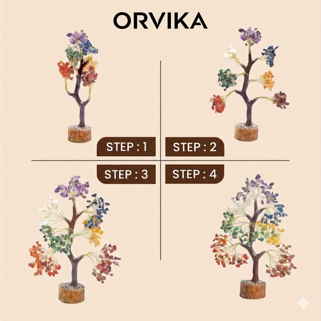 ORVIKA Natural Crystal Tree for Home Decor | Handmade Gemstone Bonsai Tree with Wooden Base | Feng Shui & Vastu Positive Energy Crystal Tree (White, 300 Beads Tree)