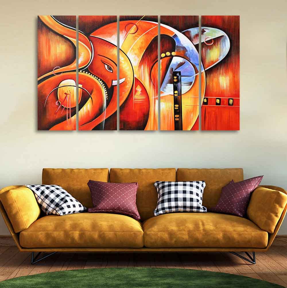 VIBECRAFTS Beautiful Hindu Ganesha 5 Pieces Canvas Wall Painting For Home | Office | Living Room | Gift (PTVC5Pcs4_8532)