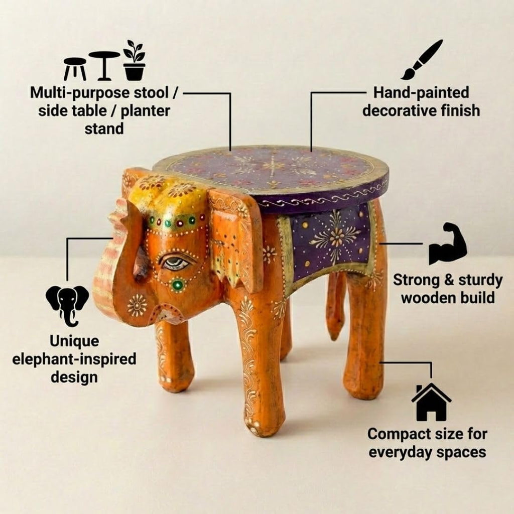 ATRANGI STUDIO Purple Orange Handpainted Wooden Elephant Stool Cum Showpiece | Mango Wood Traditional Multipurpose Stool for Living Room Decor & Mandir | Perfect for Plant Stand | 8x8x10 inch